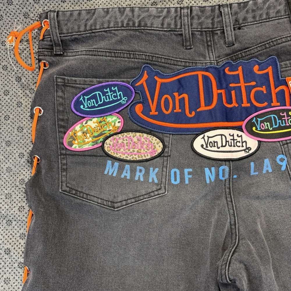 Men's Von Dutch The Reapers Baggy Embroidered Jeans Washed Black Denim Size 36 - Picture 15 of 16